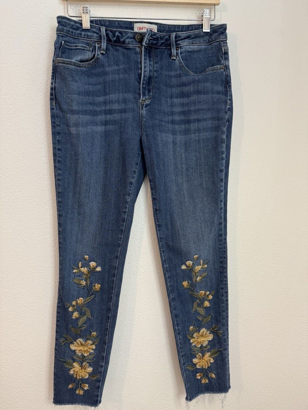 Driftwood Jeans Womens 30 Blue Stretch Floral Embroidered Jackie Yellow Floral